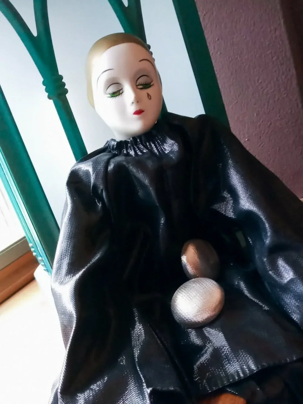 Stunning Vintage Pierrot Porcelain Clown Doll Black Silver Costume Teardrop Face